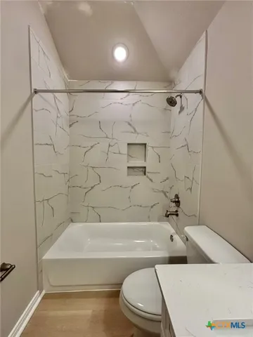 a bathroom with a bathtub and a toilet