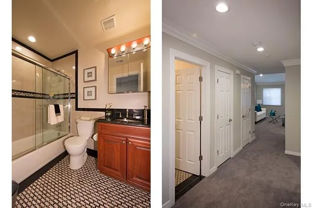 a bathroom with a sink a toilet a mirror and shower