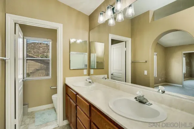 a bathroom with a double vanity sink a mirror and a shower