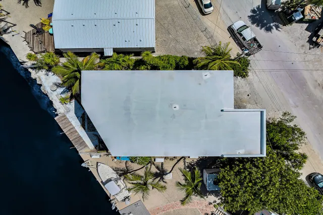 an aerial view of a backyard