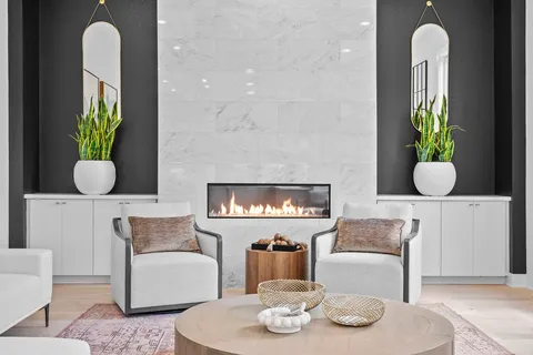 a living room with furniture and a potted plant