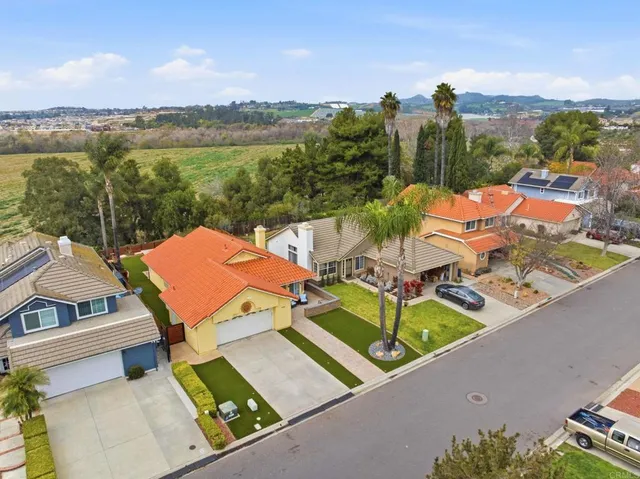 an aerial view of residential houses with outdoor space and trees