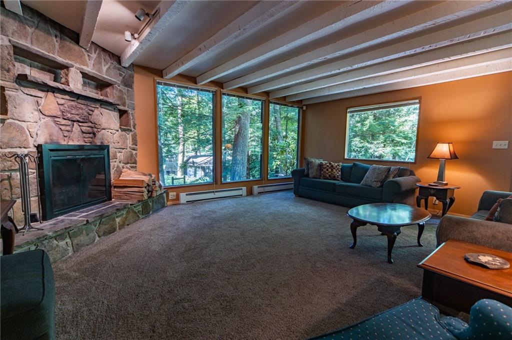 1223 Triple Creek Road Champion, PA 15622 - Photo 12 of 25 Living Room with Wall of Windows overlooking Fishing Run and Laurel Gardens. Lovely Stone, Wood Burning Fire Place.
