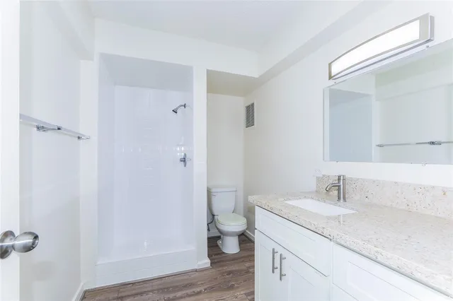 a bathroom with a sink a toilet and shower