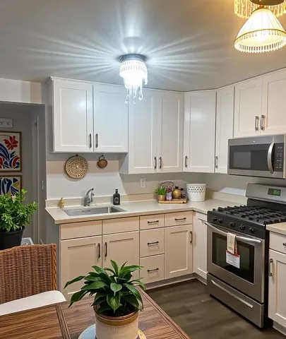 a kitchen with stainless steel appliances granite countertop a sink a stove and cabinets