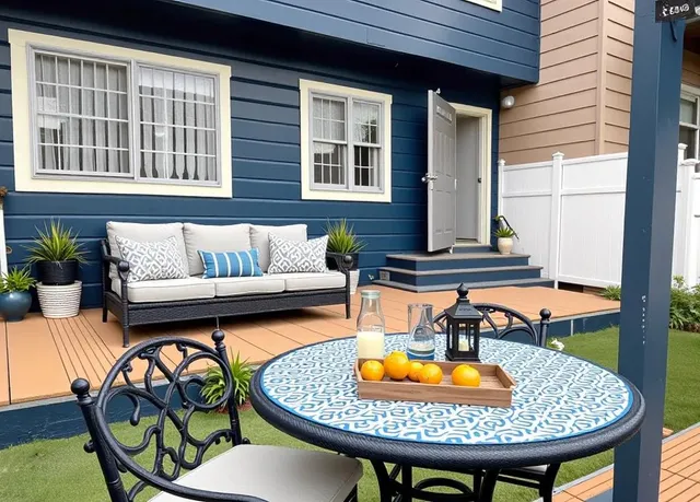 a backyard of a house with fire pit and furniture