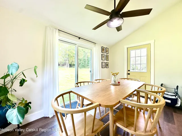a view of a dining room with furniture window and wooden floor