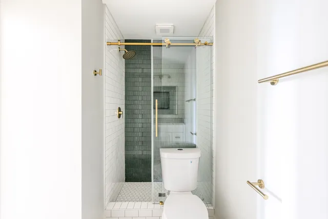 a bathroom with a shower and a toilet