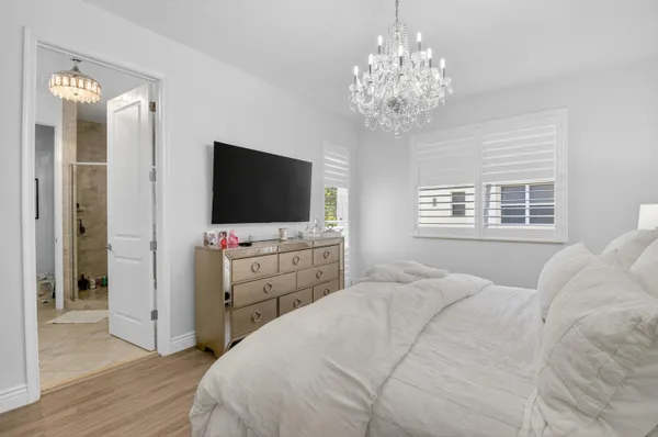 a bedroom with a bed and a flat tv screen on dresser