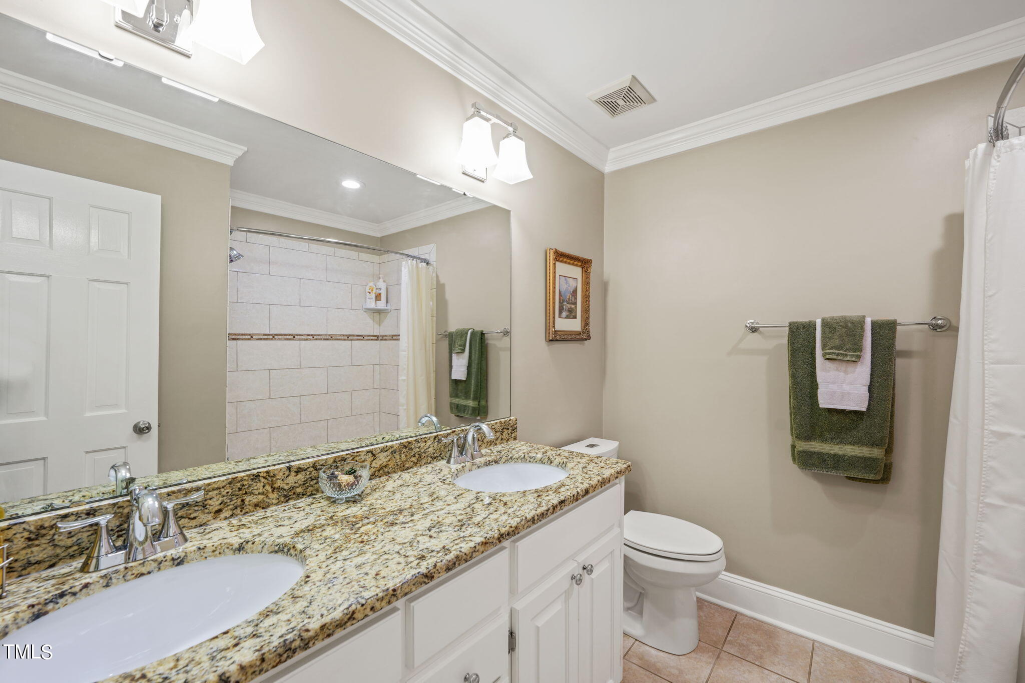 12717 Lindley Drive Raleigh, NC 27614 - Photo 21 of 45 a bathroom with a granite countertop sink a toilet and a mirror