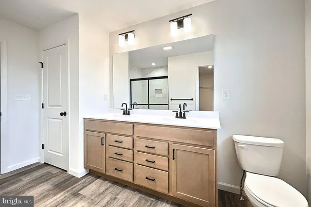 a bathroom with a double vanity sink toilet and a mirror