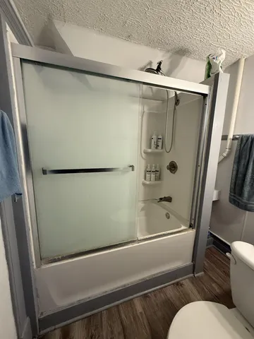 a bathroom with a shower and a toilet