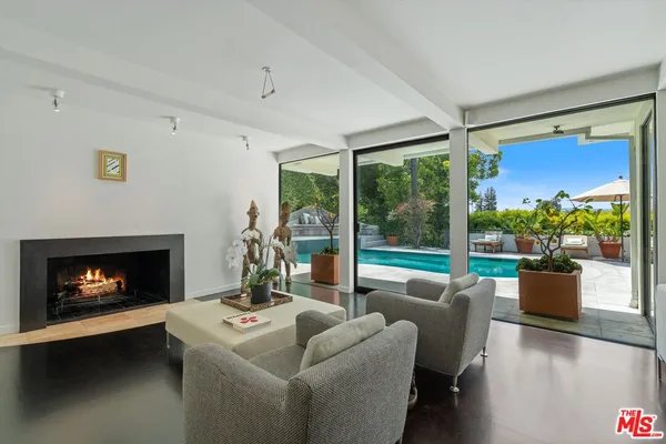 a living room with furniture fireplace and potted plants