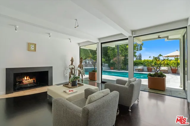 a living room with furniture fireplace and potted plants