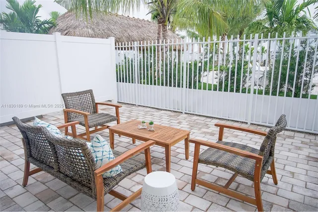 a backyard of a house with table and chairs