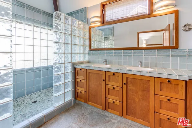 a bathroom with a sink and a shower
