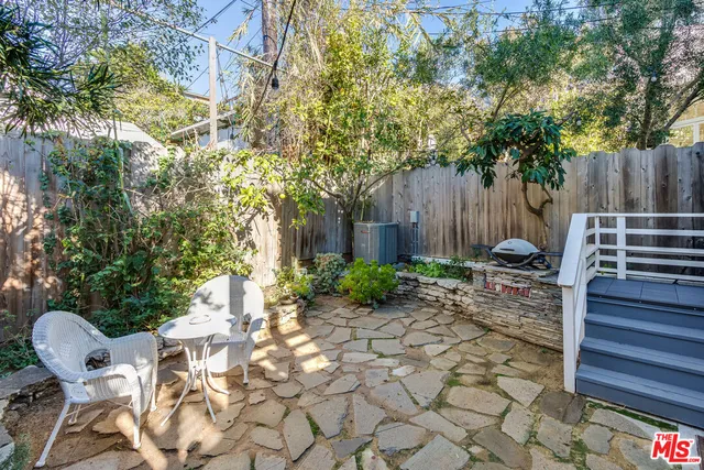 a backyard of a house with table and chairs