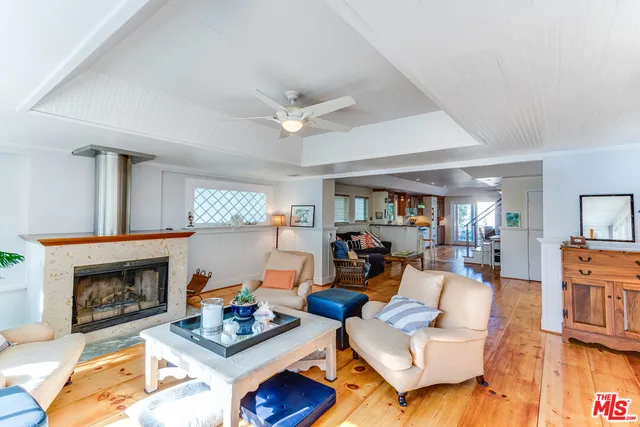 a living room with furniture fireplace and a table