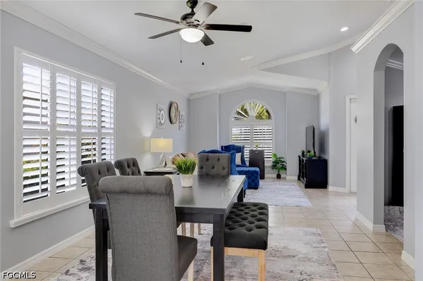 a view of a dining room with furniture