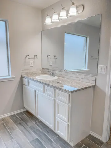 a bathroom with a sink and a mirror