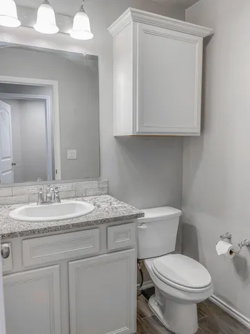 a bathroom with a granite countertop toilet sink and mirror