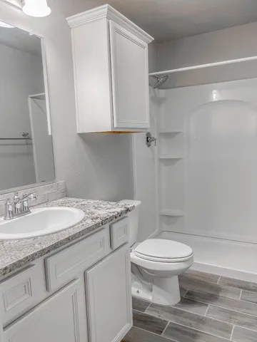 a bathroom with a granite countertop sink toilet and a mirror