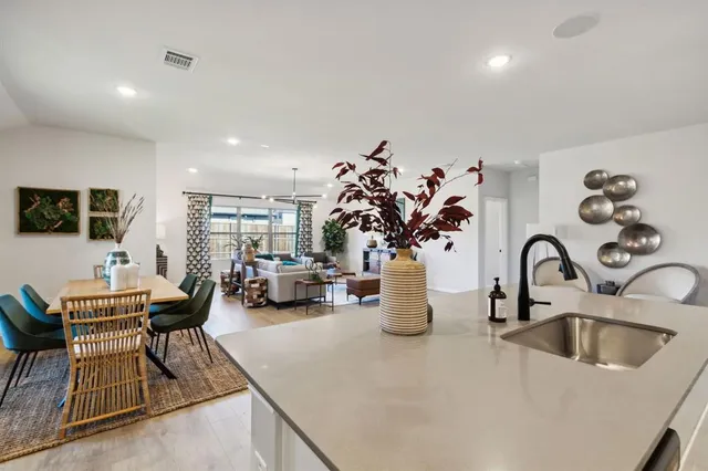 a kitchen with a faucet a potted plant and couches