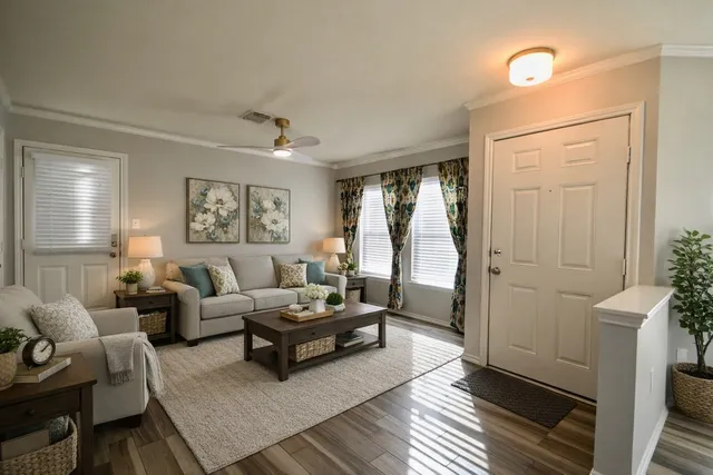 a living room with furniture and a gate