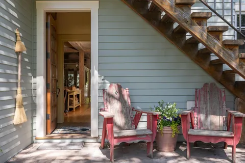 a potted plant sitting in front of a house