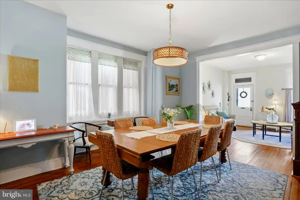 a view of a dining room with furniture window and wooden floor