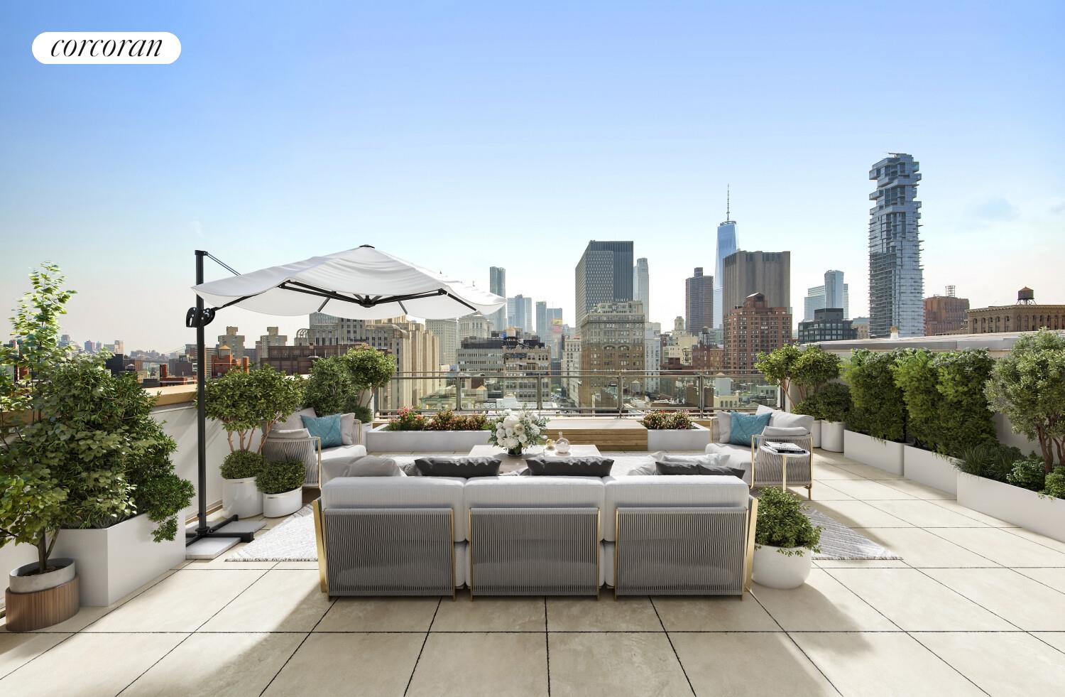 129 Lafayette Street, Unit PHA Manhattan, NY 10013 - Photo 2 of 8 a view of a roof deck with couches and potted plants