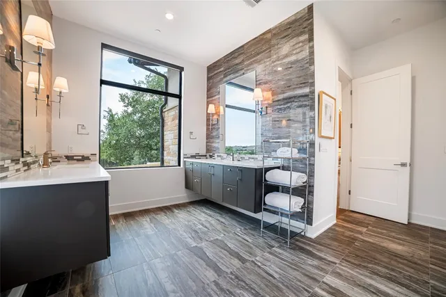 a large room with a window