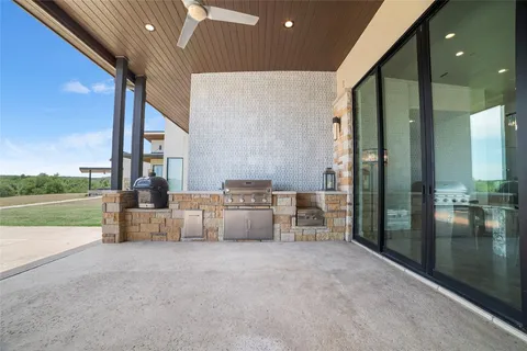 a lobby with furniture and city view