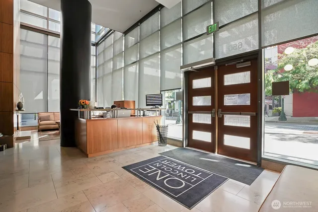 a view of living room with a large window