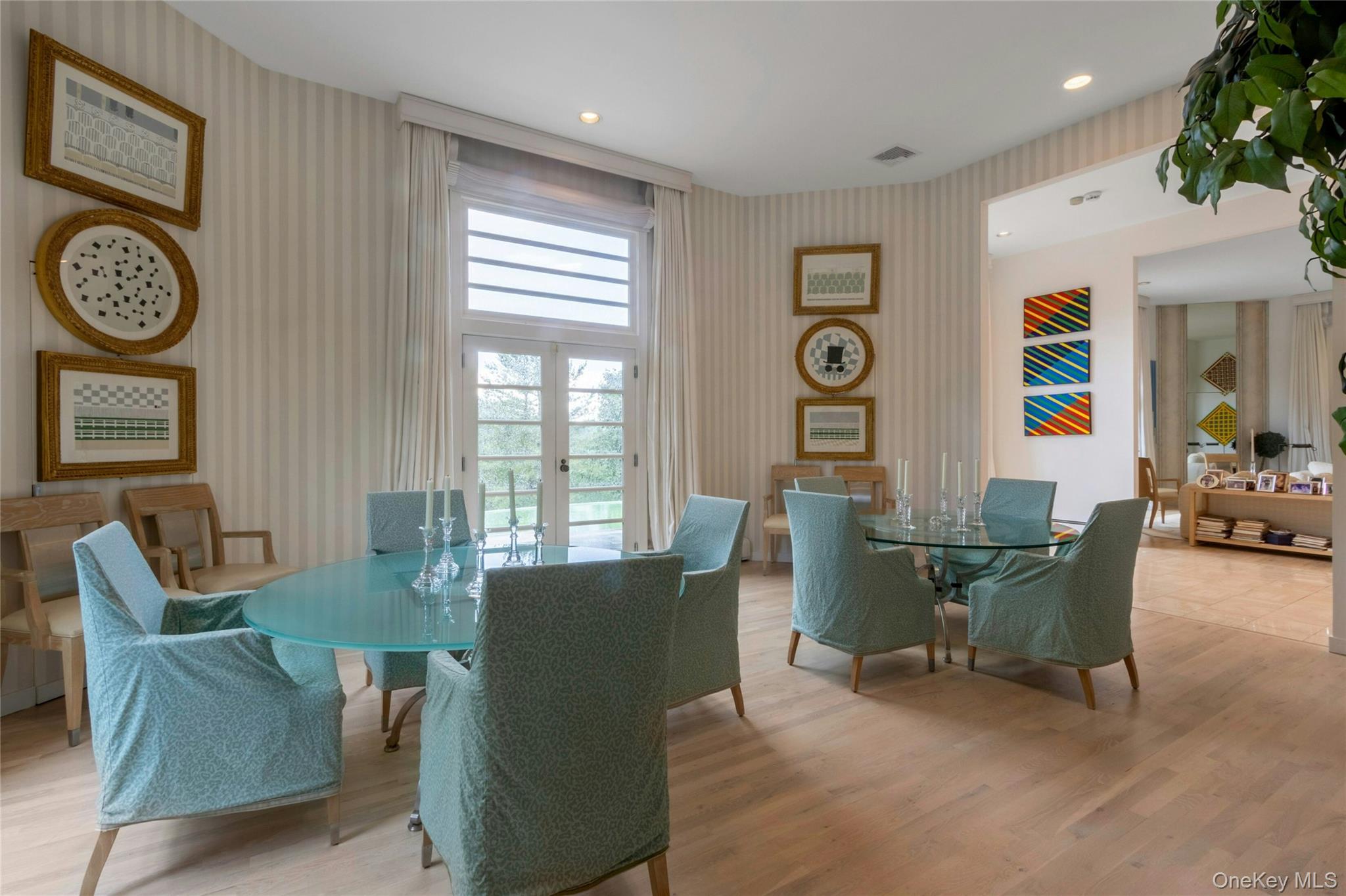 94 Cliff Road Tuxedo Park, NY 10987 - Photo 8 of 37 Dining room featuring wallpapered walls, french doors, wood finished floors, and recessed lighting