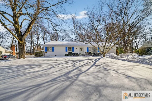a view of a white house with a large tree