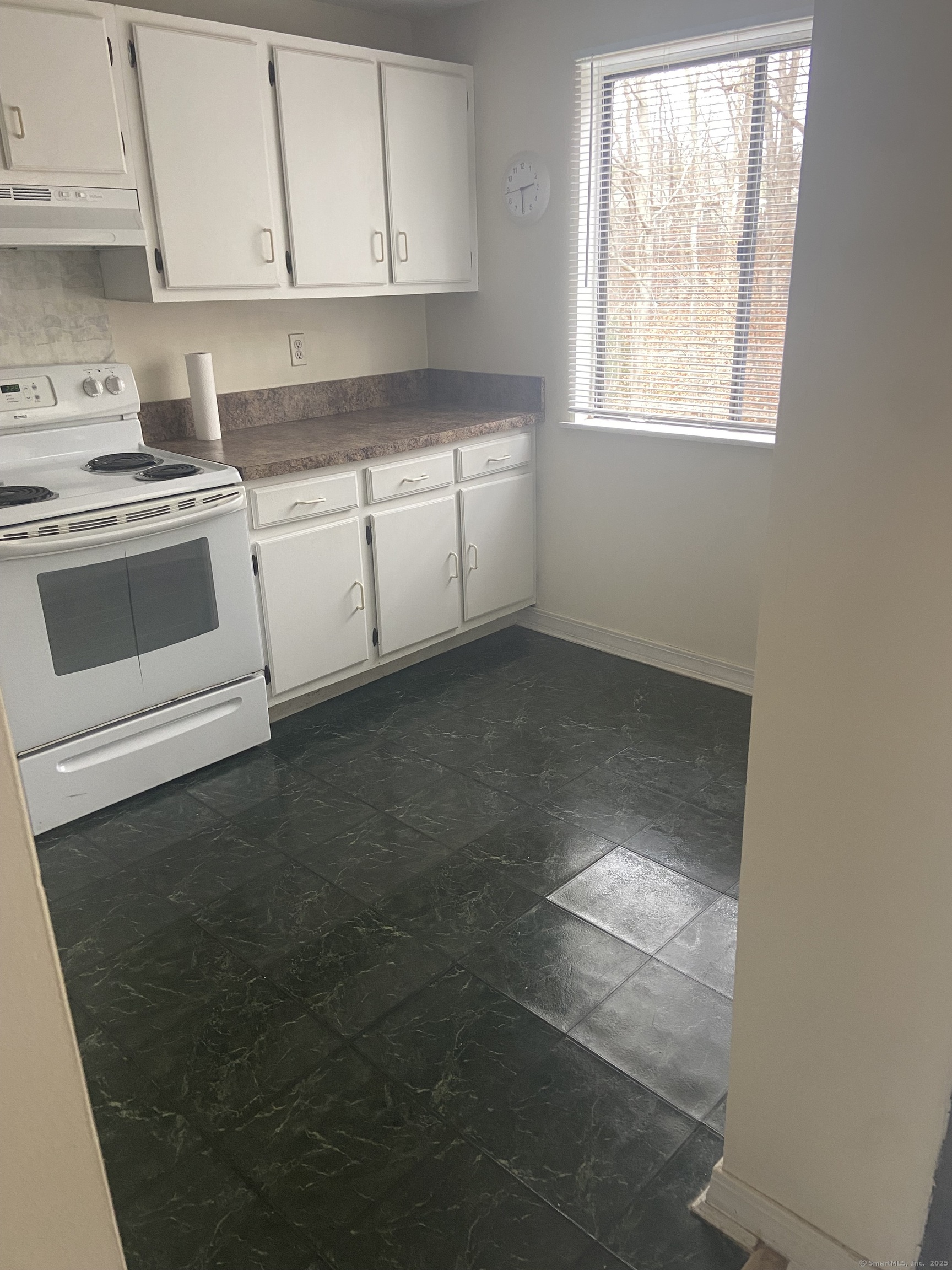 7 Padanaram Road, Unit J238 Danbury, CT 06811 - Photo 17 of 18 a kitchen with granite countertop white cabinets and white appliances