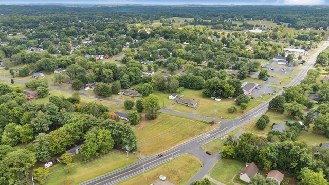 an aerial view of residential houses with outdoor space and trees