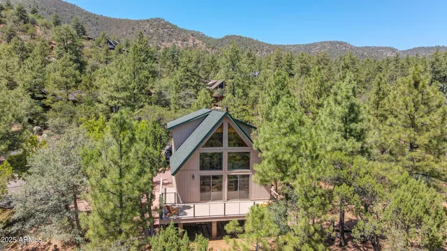 a aerial view of a house with a mountain