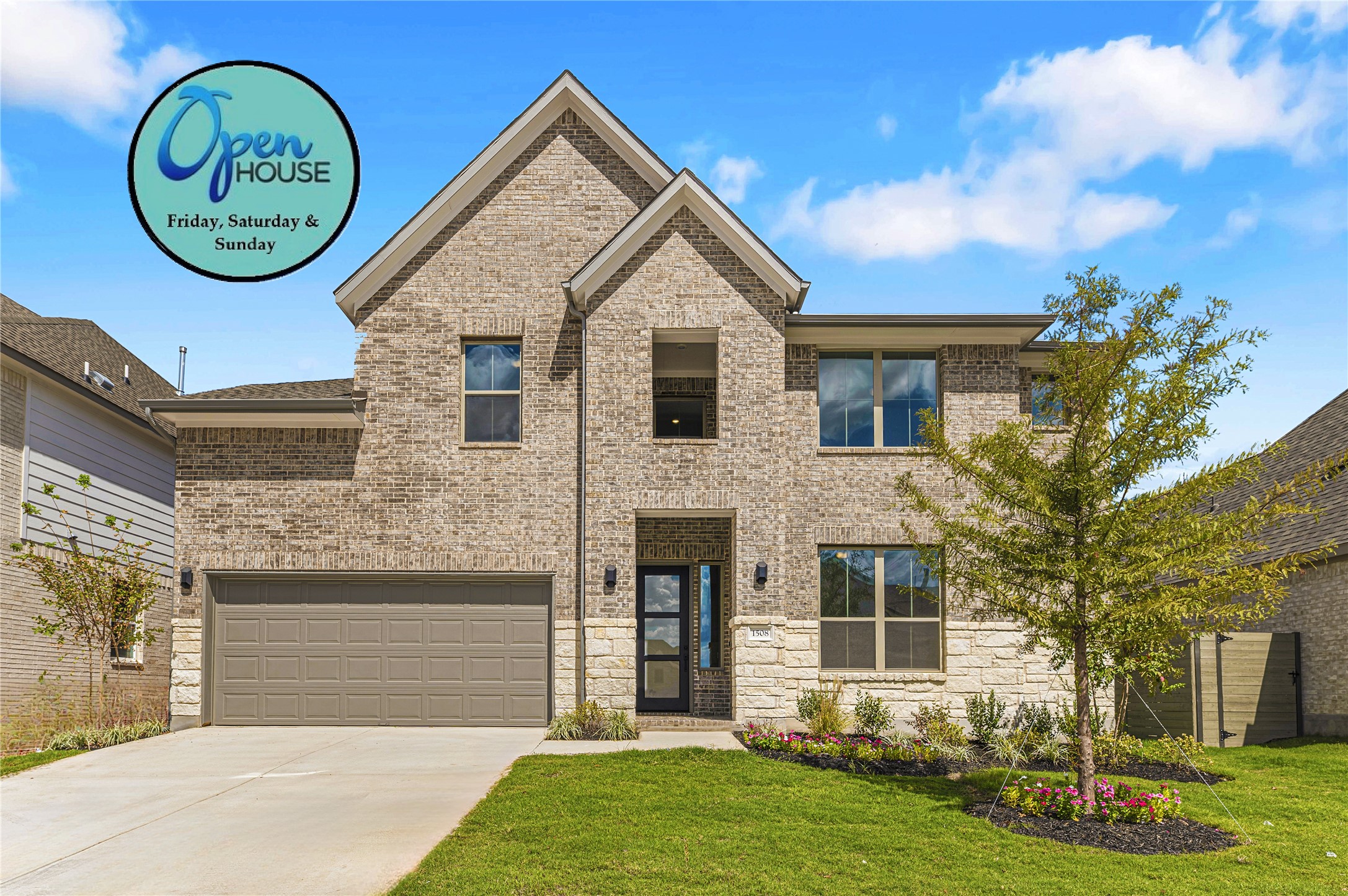 1508 Rodeo Ridge Drive Georgetown, TX 78628 - Photo 3 of 37 View of front facade featuring a front lawn, driveway, a garage, and brick siding