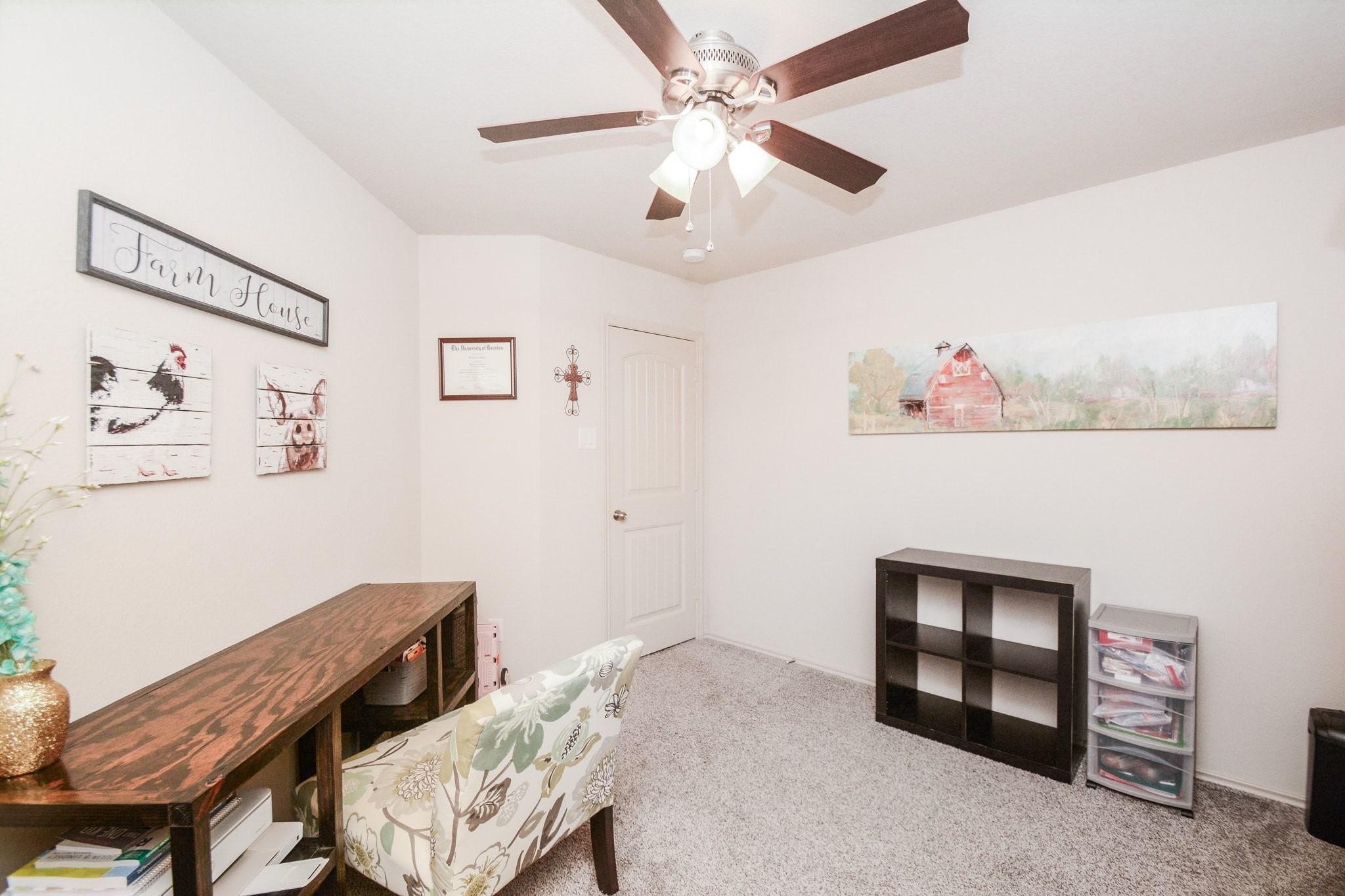 23318 Dukes Run Drive Spring, TX 77373 - Photo 23 of 41 Cozy room with neutral walls, featuring a ceiling fan and carpeted floor. Ideal as a study or small home office.