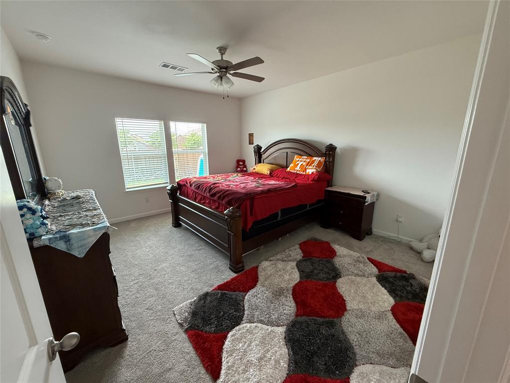 2006 Placerville Street Forney, TX 75126 - Photo 18 of 35 Carpeted bedroom featuring two windows with horizontal blinds, a ceiling fan with integrated lighting, and white painted walls