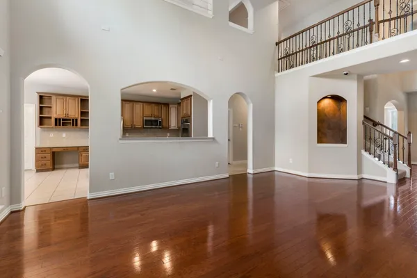 a view of a livingroom with wooden floor