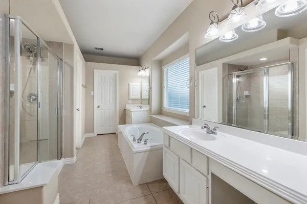 a bathroom with a double vanity sink mirror and shower
