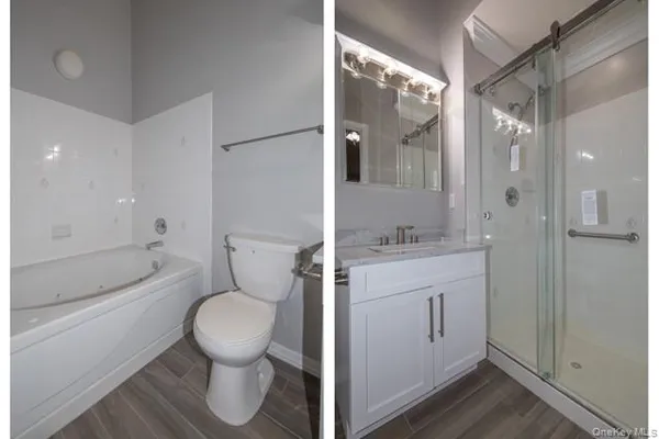 a bathroom with a granite countertop toilet sink and shower
