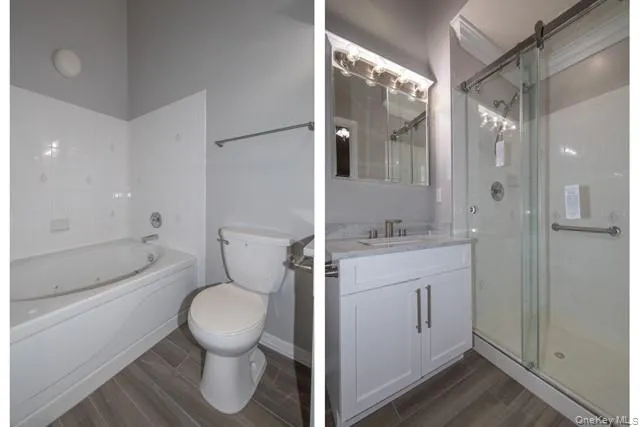 a bathroom with a granite countertop toilet sink and shower
