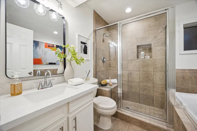 a bathroom with a sink a toilet and shower