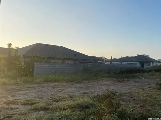 a view of a dry yard with mountains in the background