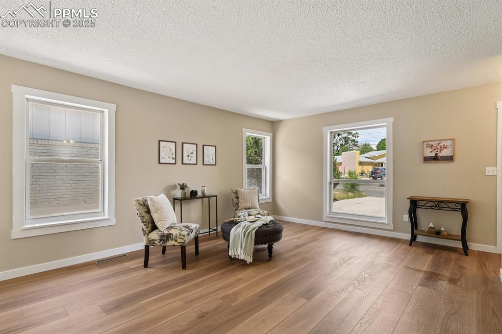 79 Old Broadmoor Road Colorado Springs, CO 80906 - Photo 10 of 27 Living area featuring light wood-style flooring and a textured ceiling