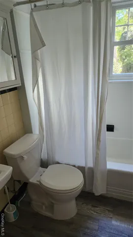 a white toilet sitting next to a bath tub